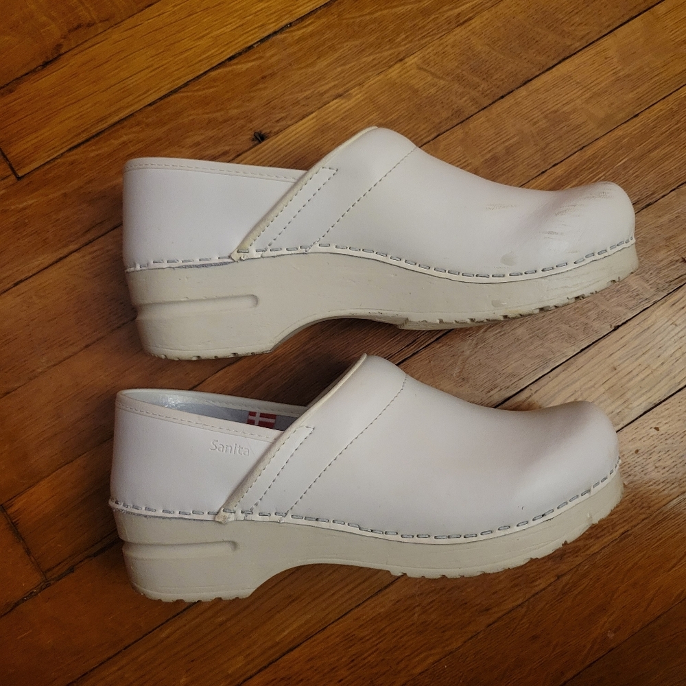 Sanita White Leather Slip-On Clogs